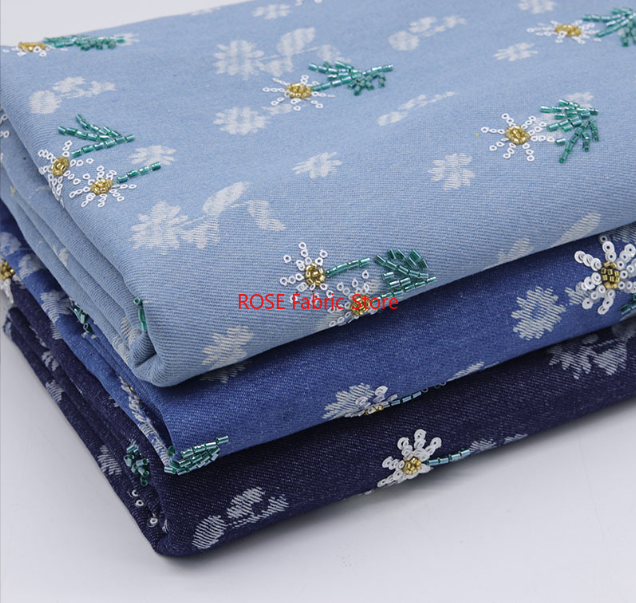 Embroidery On Jeans - Daisy Sequin Bead Embroidery Blue Denim