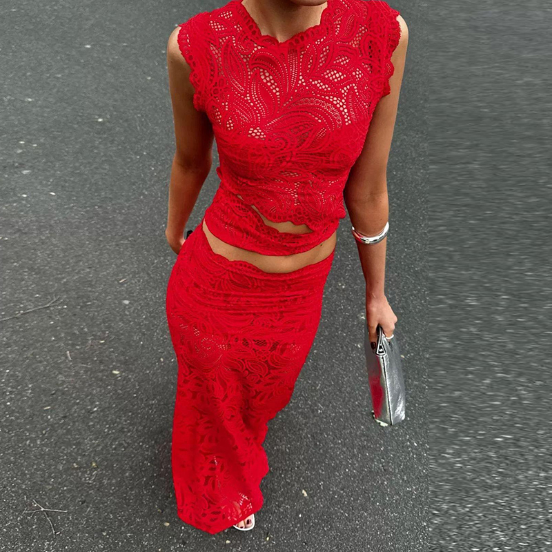 Embroidery Uniform - Red Sexy Hook Flower Hollow Lace