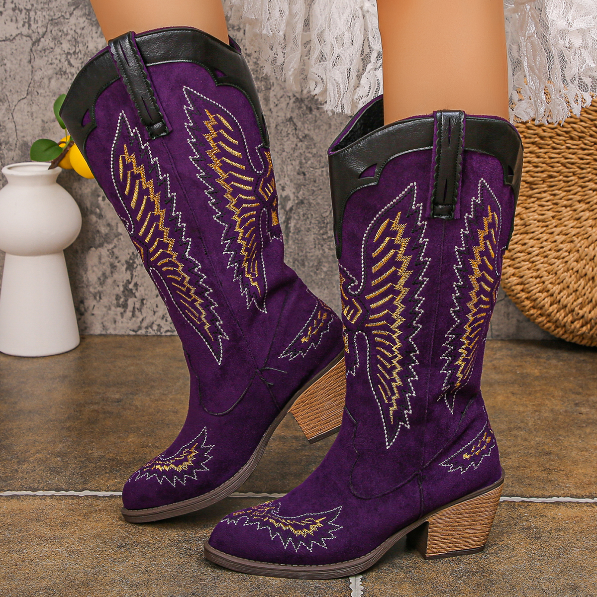 Embroidery Shoes - Purple Knee High Embroidery Western Boot