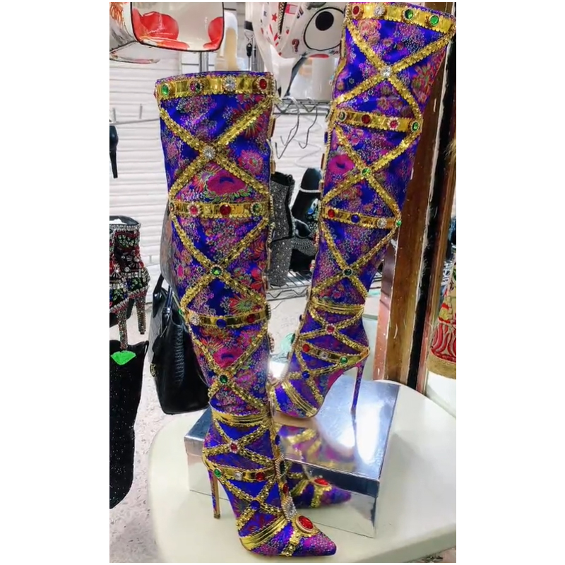 Embroidery Shoes - Multicolor Gemstone Gold Trim Stitched Stiletto