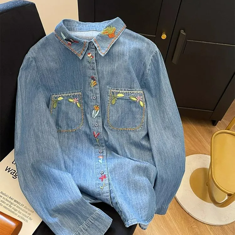 Embroidery On Jeans - Harajuku Fashion Cotton Denim Spring Blouses