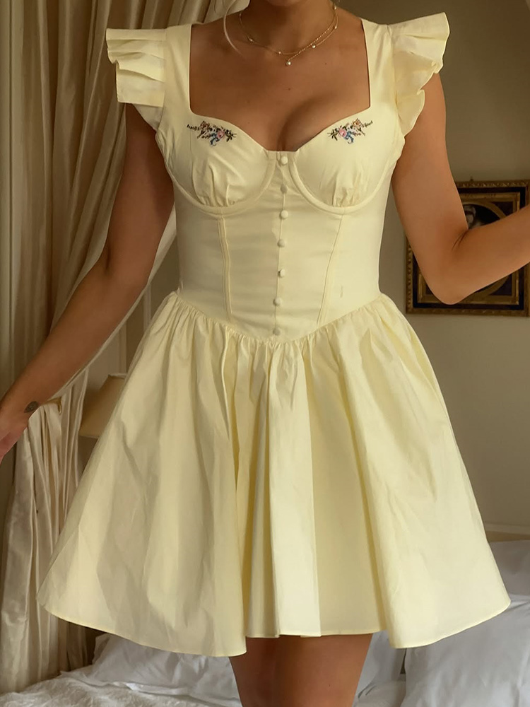 Floral Embroidery Cotton Summe - Embroidery Yellow Dress avis et prix