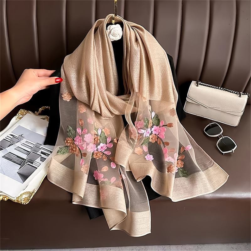 Women Silk Wool Scarf Floral E - Embroidery Hijab avis et prix