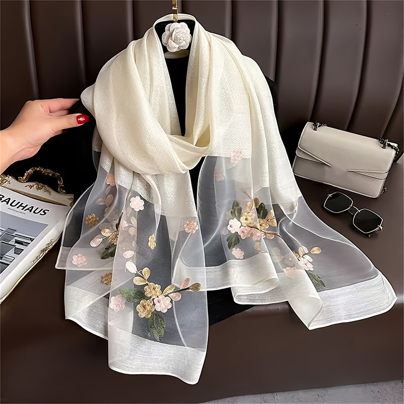 Women Silk Wool Scarf Floral E - Embroidery Hijab avis et prix