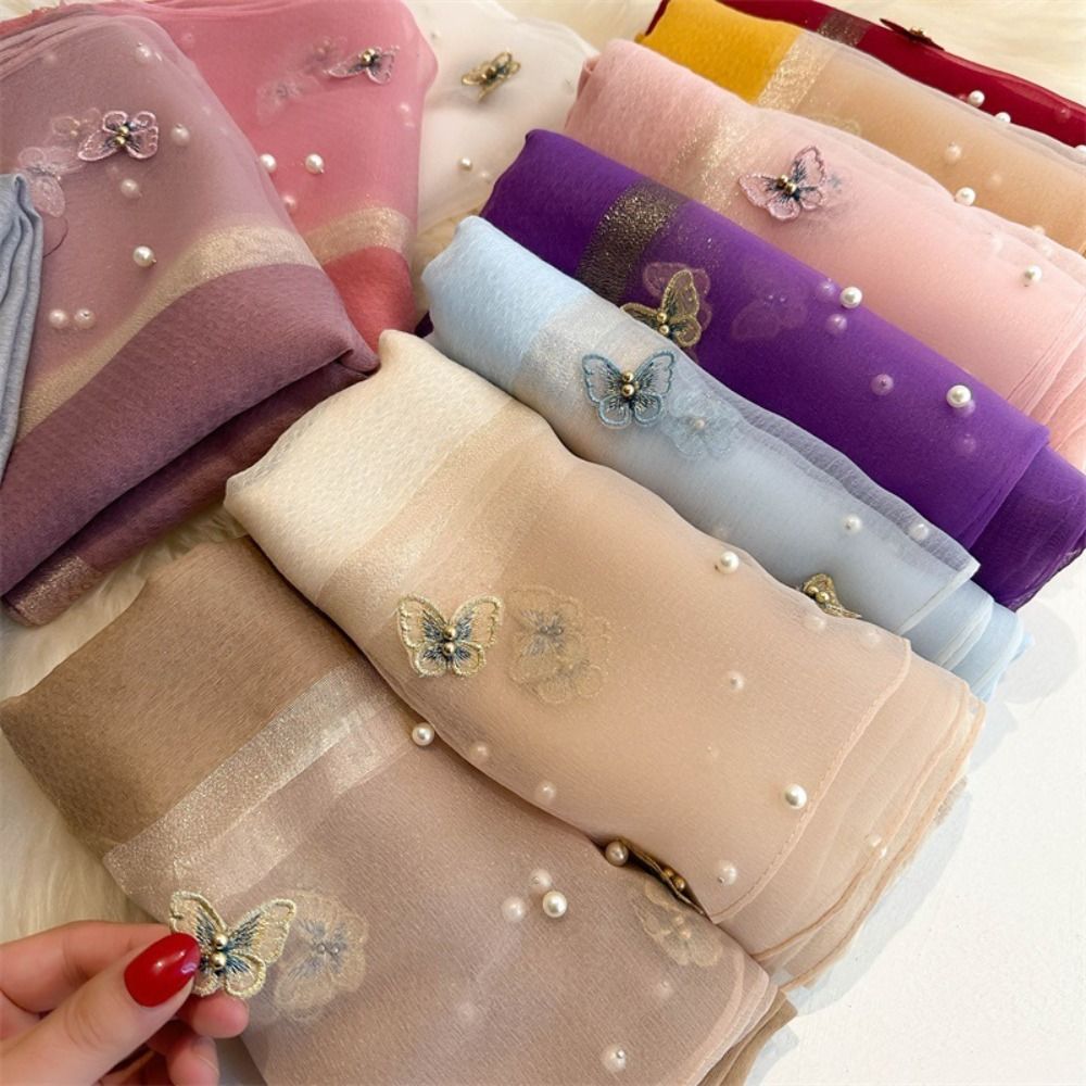 Fashion Thin Silk Scarf Pearl  - Embroidery Hijab avis et prix