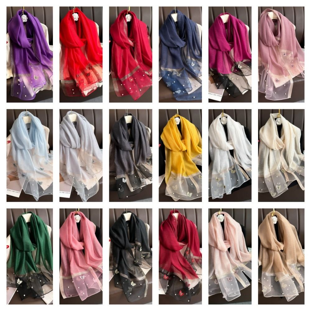 Fashion Thin Silk Scarf Pearl  - Embroidery Hijab avis et prix