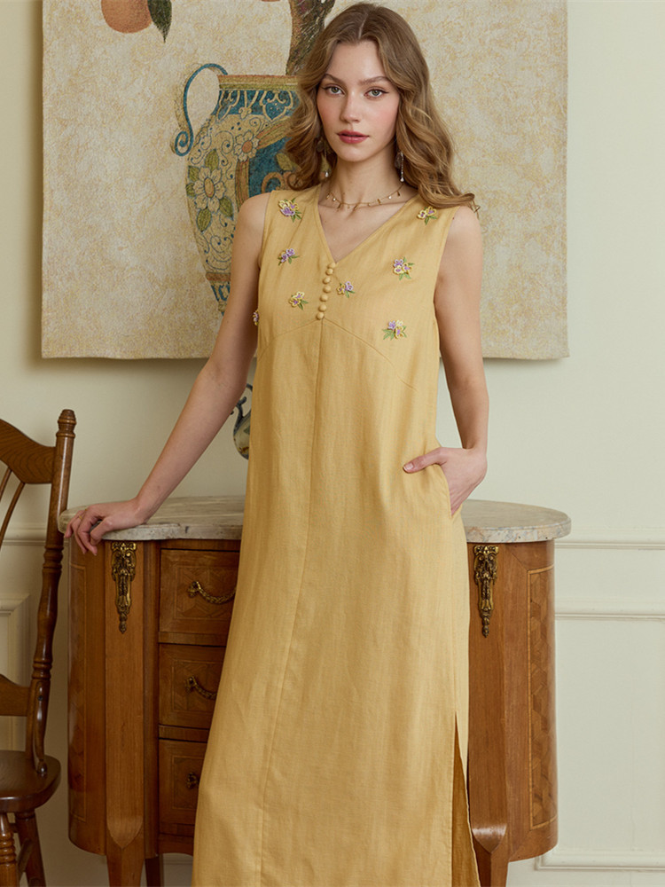 86-98cm Bust Summer Long Dress - Embroidery Yellow Dress avis et prix