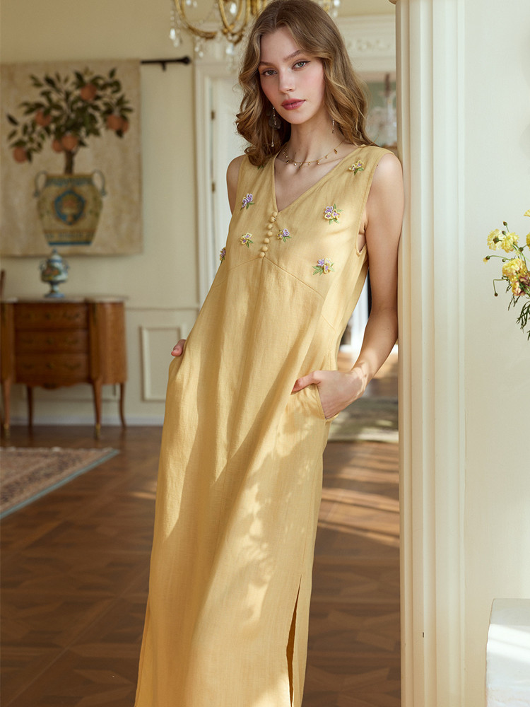 86-98cm Bust Summer Long Dress - Embroidery Yellow Dress avis et prix