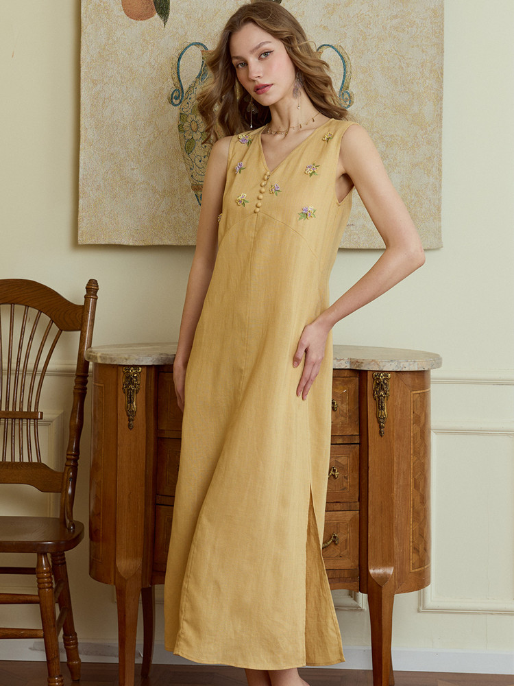 86-98cm Bust Summer Long Dress - Embroidery Yellow Dress avis et prix