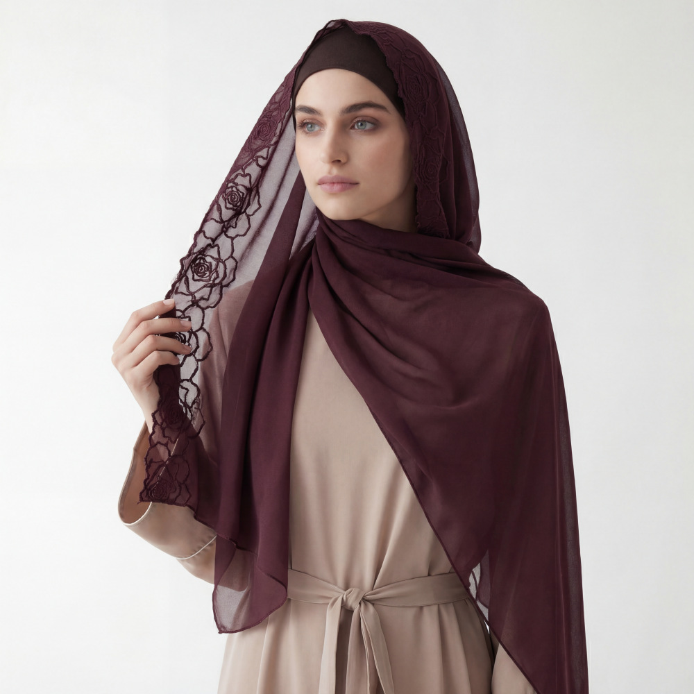 Purple Chiffon Hijab Shawls Wo - Embroidery Hijab avis et prix